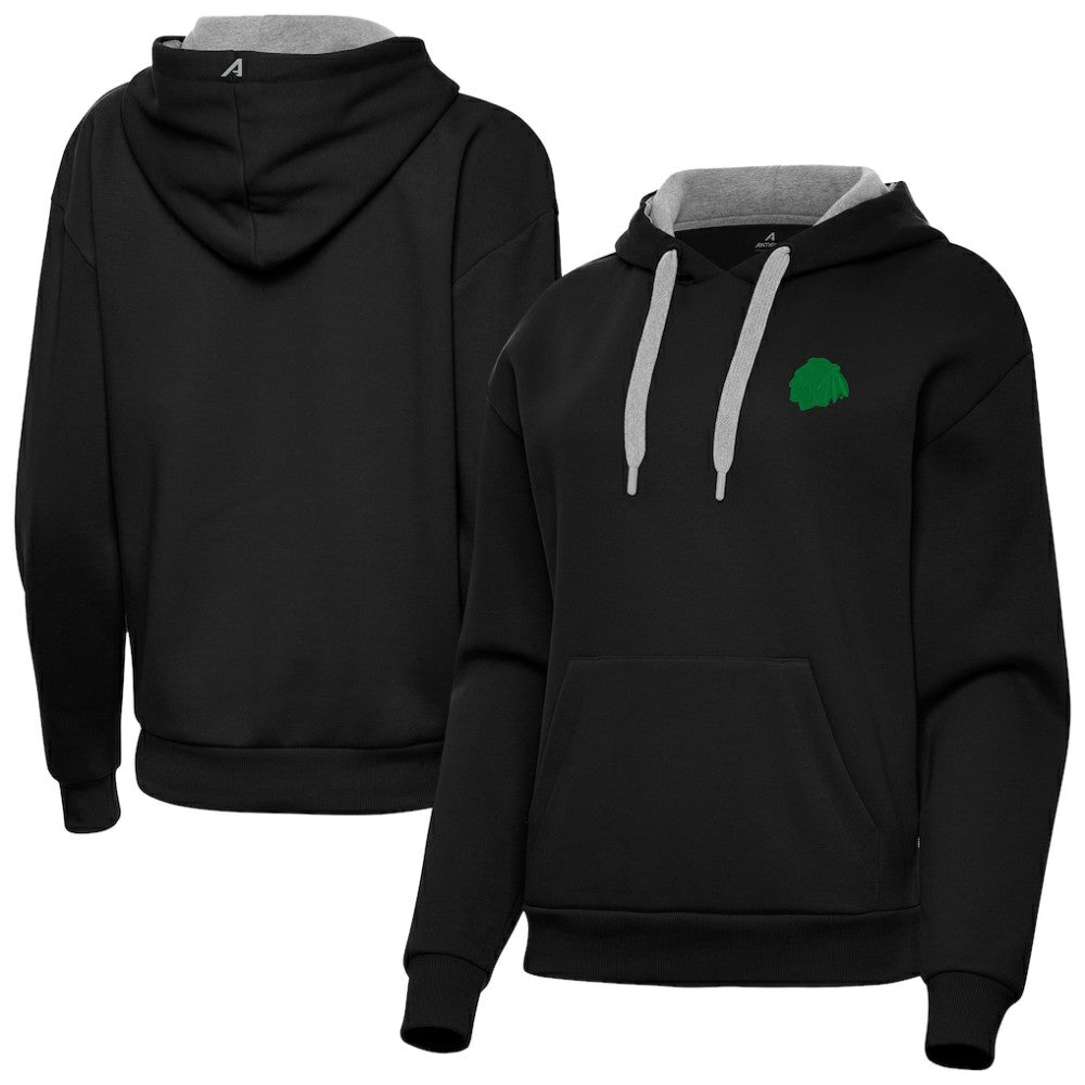 NHL Black Chicago Blackhawks Antigua Women's St. Patrick's Day Victory Pullover Hoodie