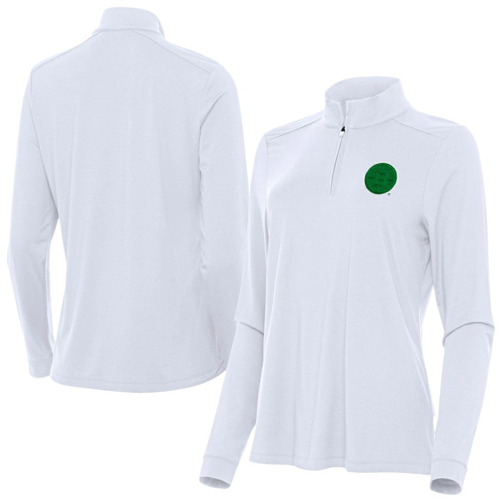 NHL White Boston Bruins Antigua Women's St. Patrick's Day Intent Quarter-Zip Performance Pullover