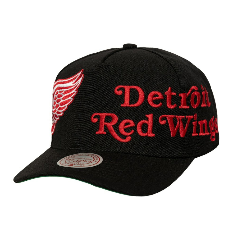 NHL Black Detroit Red Wings Mitchell & Ness Busted Logo Wordmark Wrap-Around Pro Pinch Adjustable Hat