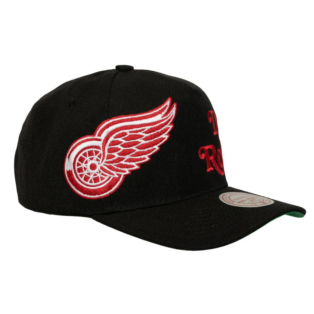 NHL Black Detroit Red Wings Mitchell & Ness Busted Logo Wordmark Wrap-Around Pro Pinch Adjustable Hat
