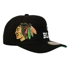 NHL Black Chicago Blackhawks Mitchell & Ness Busted Logo Wordmark Wrap Around Pro Pinch Adjustable Hat