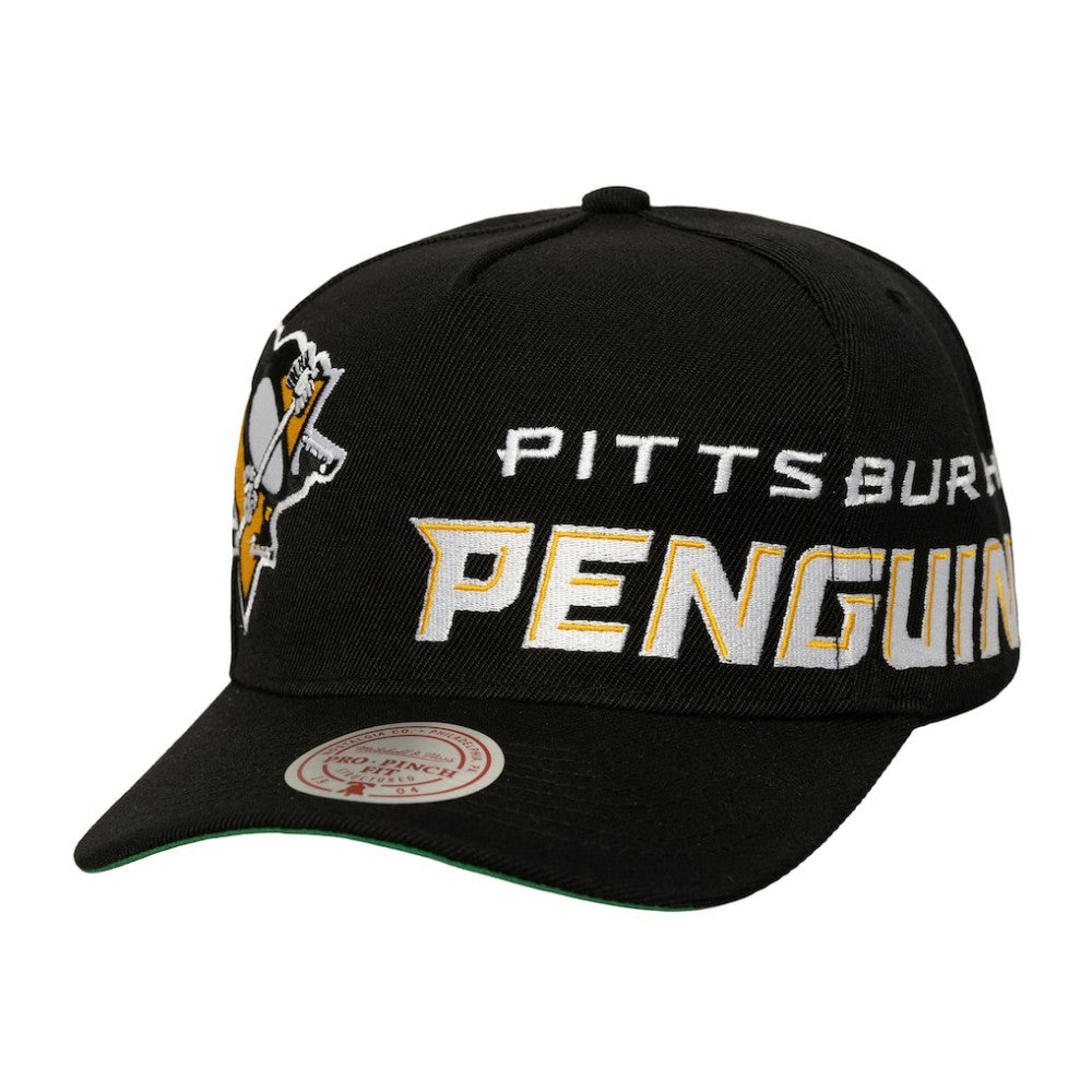 NHL Black Pittsburgh Penguins Mitchell & Ness Busted Logo Wordmark Wrap-Around Pro Pinch Adjustable Hat
