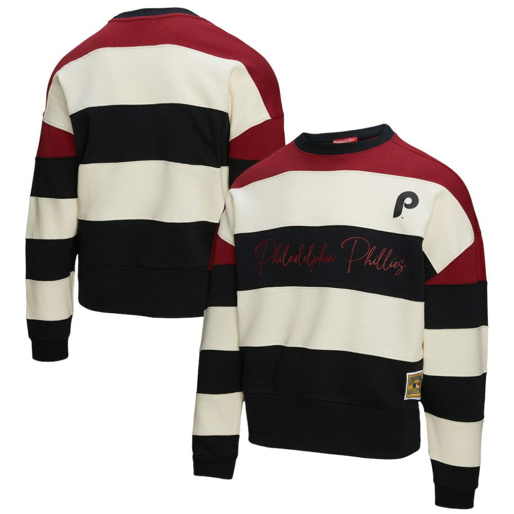 MLB Philadelphia Phillies Mitchell & Ness Women's Cooperstown Collection Blocked Fleece Pullover Sweatshirt- Burgundy/Black
