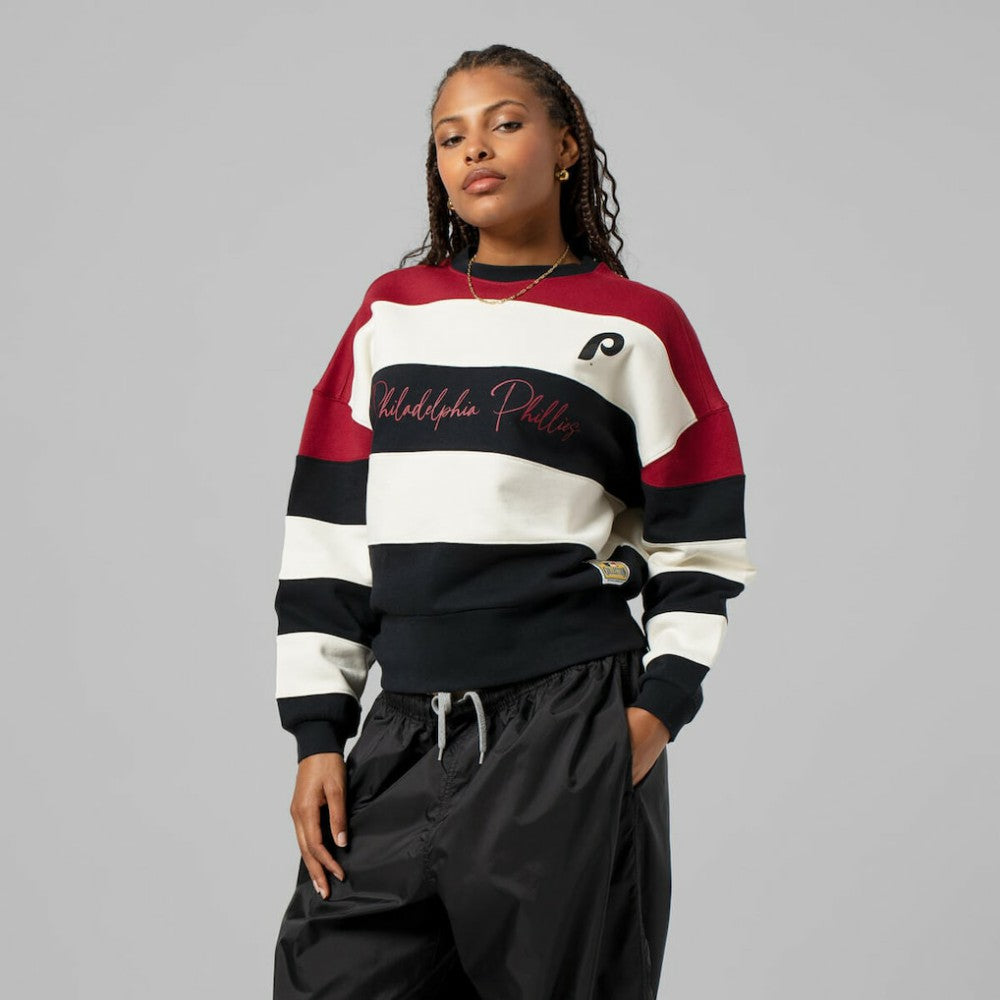 MLB Philadelphia Phillies Mitchell & Ness Women's Cooperstown Collection Blocked Fleece Pullover Sweatshirt- Burgundy/Black