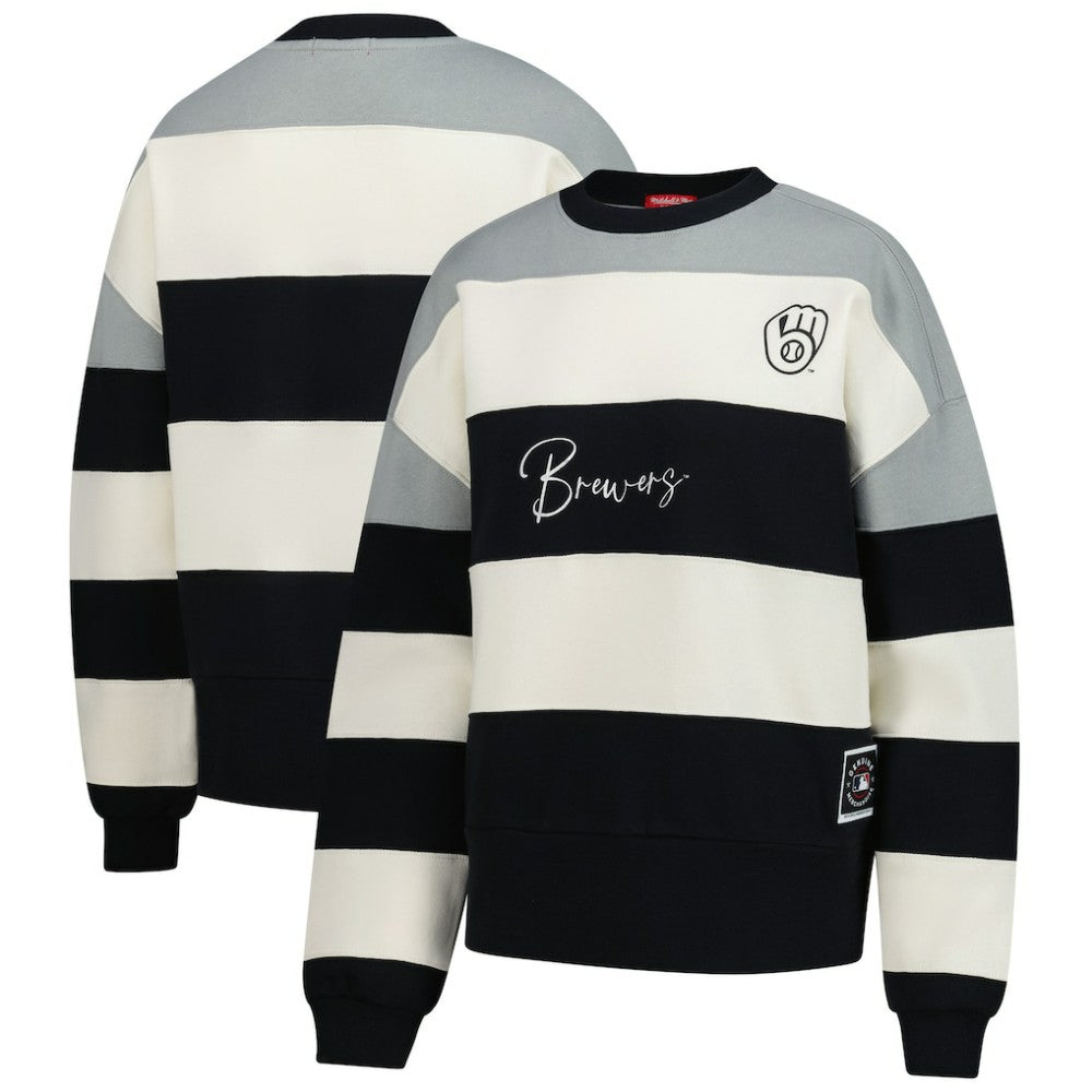 MLB Milwaukee Brewers Mitchell & Ness Women's Cooperstown Collection Blocked Fleece Pullover Sweatshirt- Gray/Black