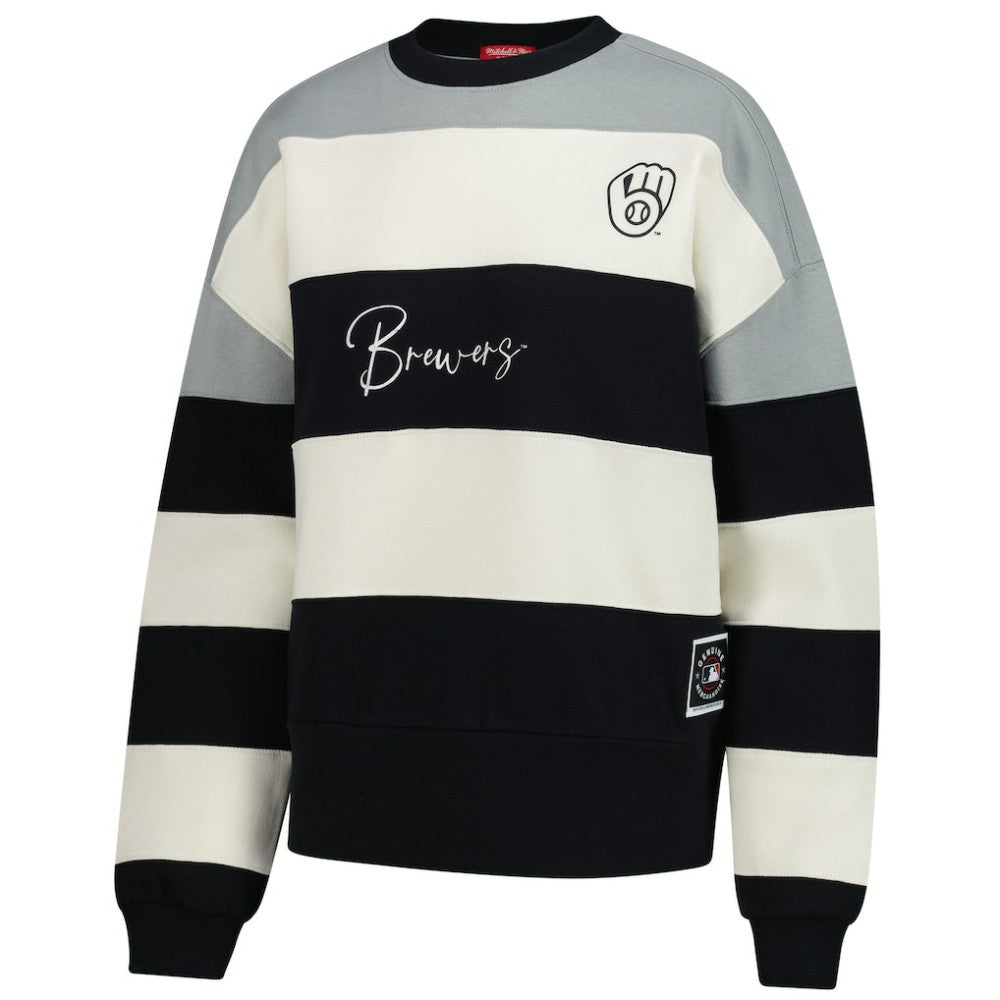 MLB Milwaukee Brewers Mitchell & Ness Women's Cooperstown Collection Blocked Fleece Pullover Sweatshirt- Gray/Black