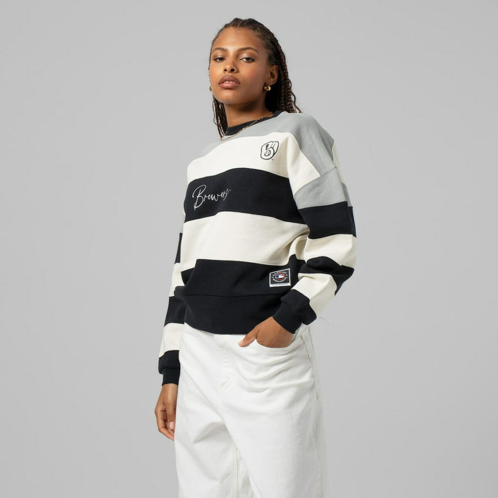 MLB Milwaukee Brewers Mitchell & Ness Women's Cooperstown Collection Blocked Fleece Pullover Sweatshirt- Gray/Black