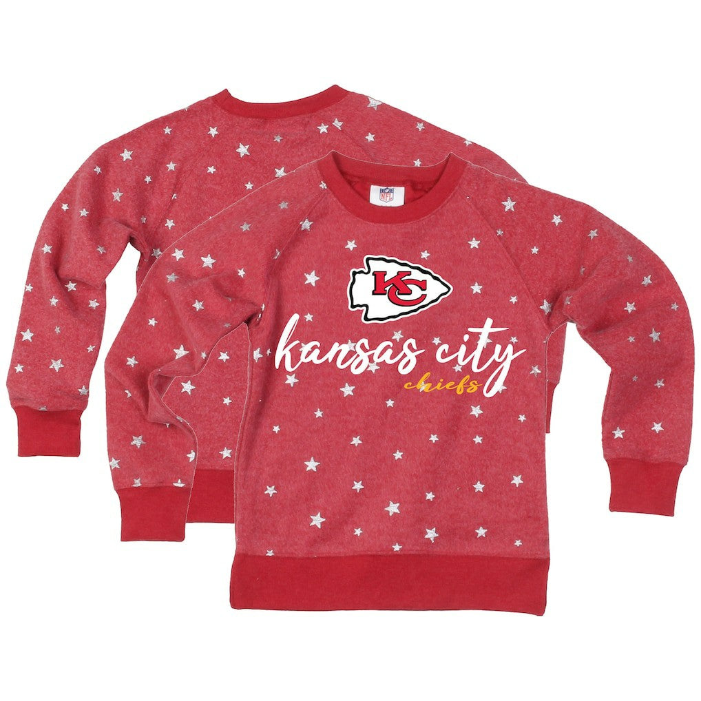Wes & Willy Girls Youth Shimmer Star Reverse Fleece Pullover Sweatshirt - Kansas City Chiefs