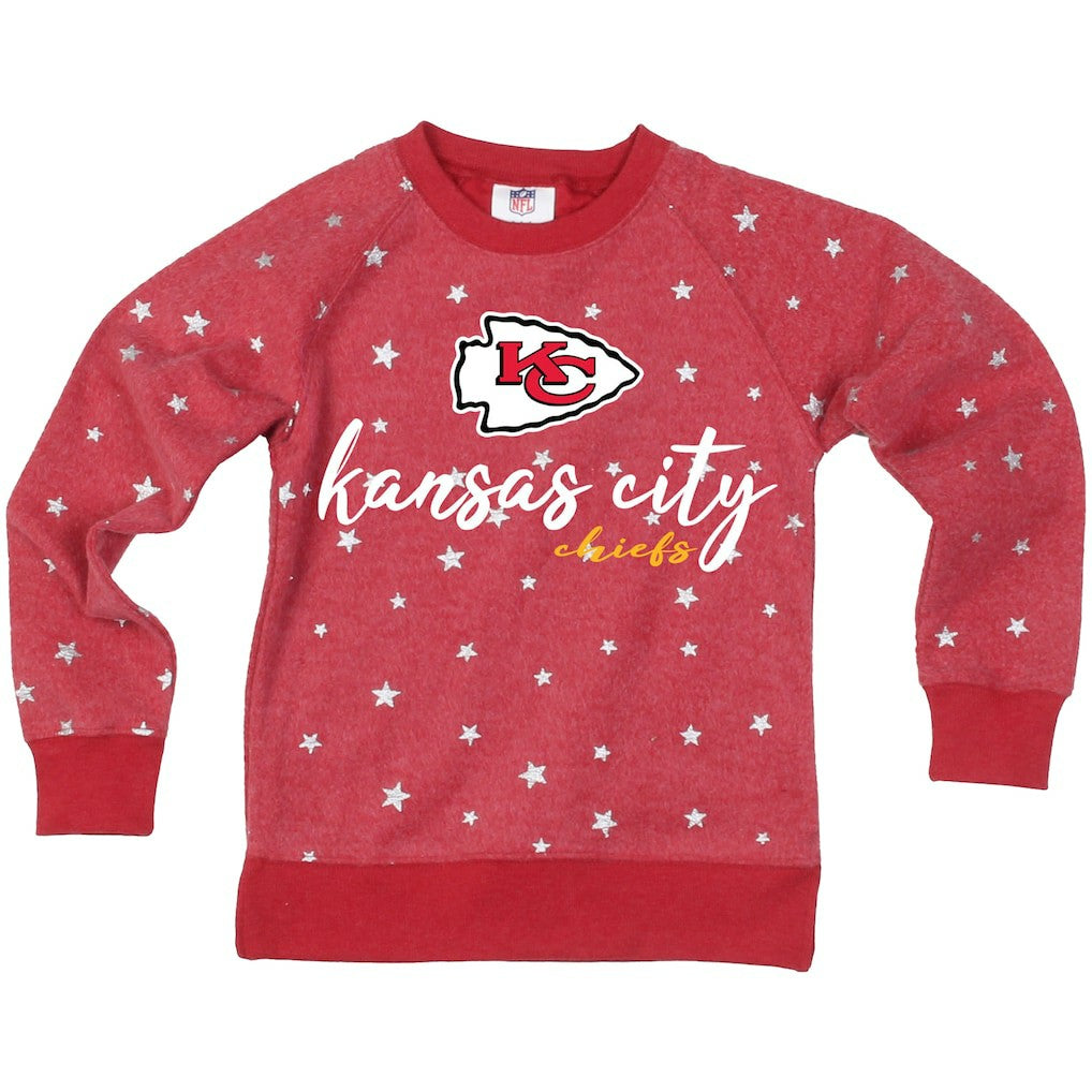 Wes & Willy Girls Youth Shimmer Star Reverse Fleece Pullover Sweatshirt - Kansas City Chiefs