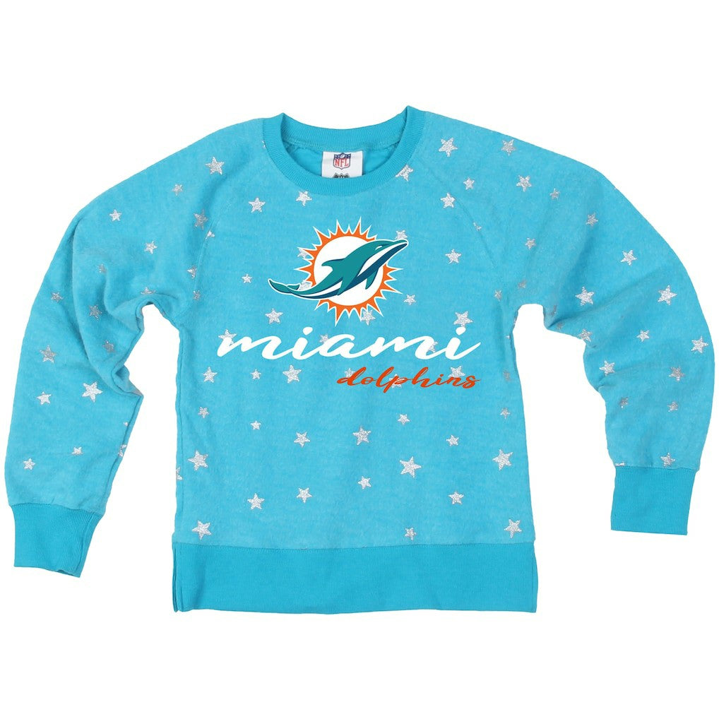 Wes & Willy Girls Youth Shimmer Star Reverse Fleece Pullover Sweatshirt - Miami Dolphins