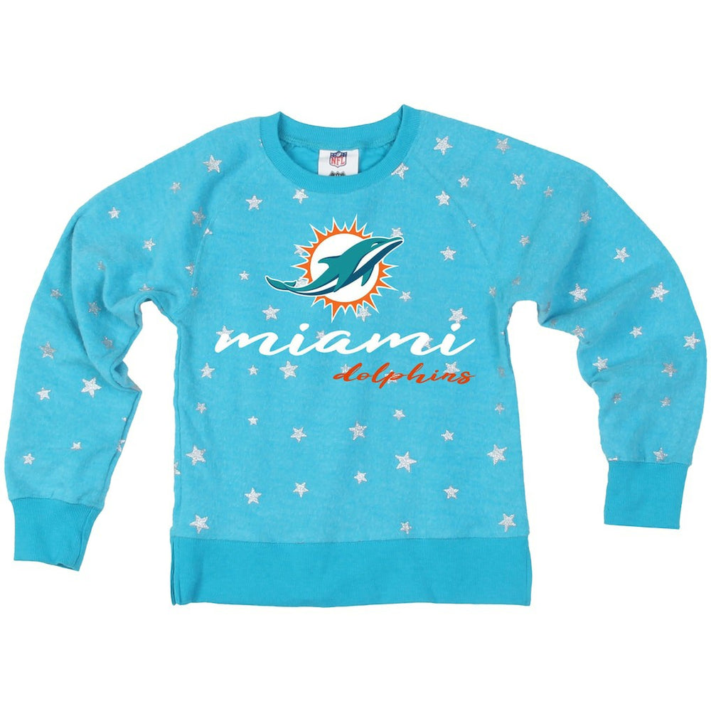 Wes & Willy Girls Youth Shimmer Star Reverse Fleece Pullover Sweatshirt - Miami Dolphins