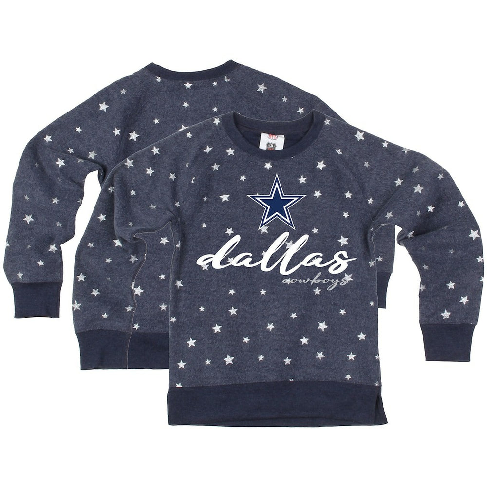 Wes & Willy Girls Youth Shimmer Star Reverse Fleece Pullover Sweatshirt - Dallas Cowboys