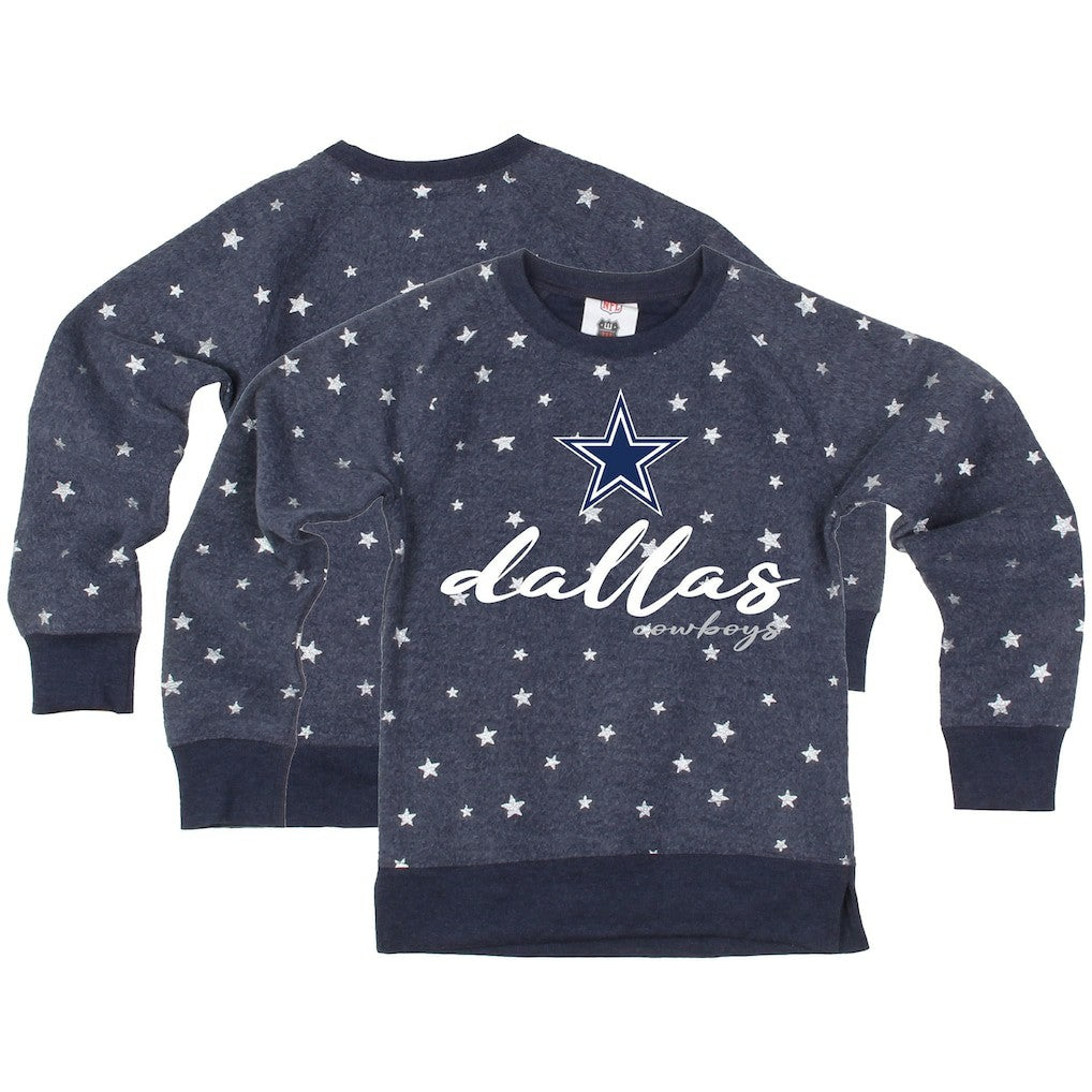 Wes & Willy Girls Youth Shimmer Star Reverse Fleece Pullover Sweatshirt - Dallas Cowboys