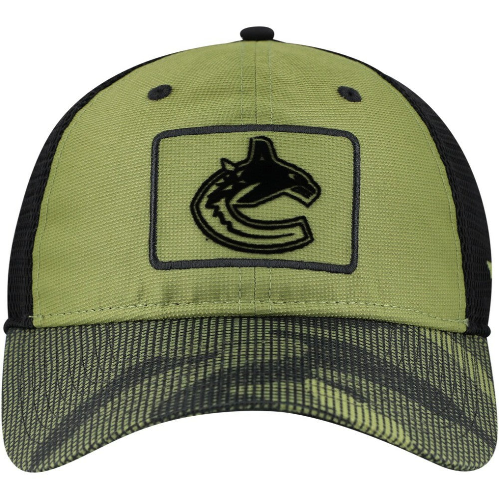 NHL Olive Vancouver Canucks Fanatics Military Appreciation Trucker Adjustable Hat