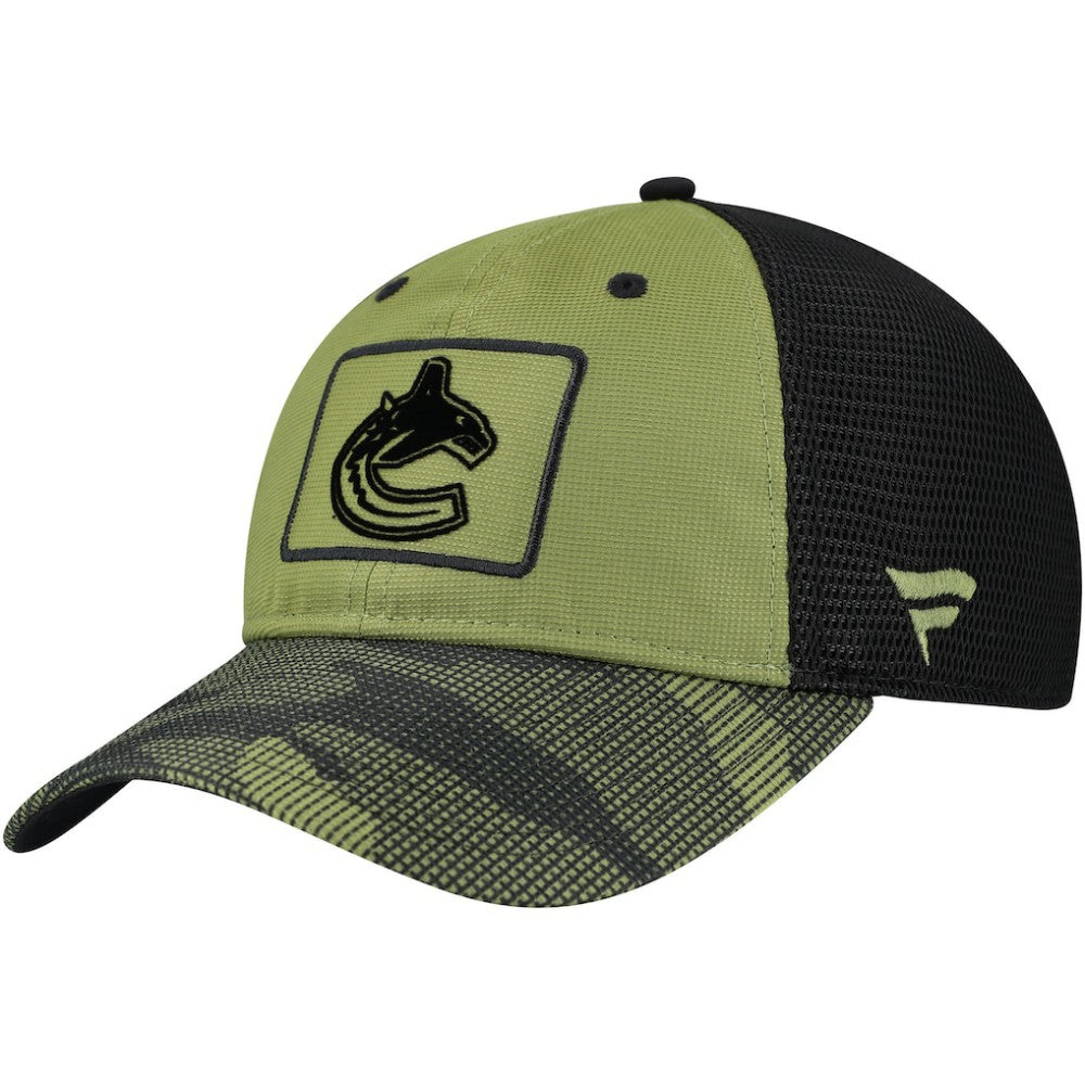 NHL Olive Vancouver Canucks Fanatics Military Appreciation Trucker Adjustable Hat