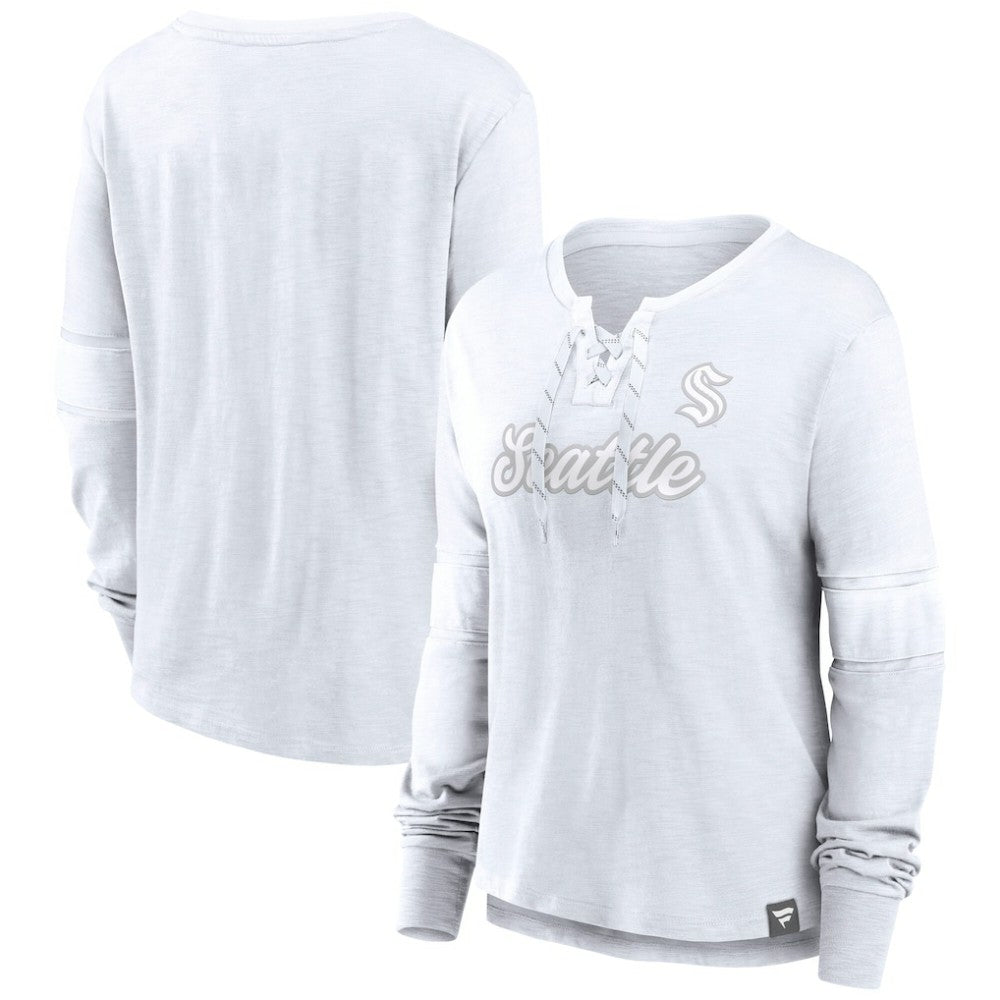 NHL This item will ship within 8 business days. Seattle Kraken Fanatics Women's White Out Lace-Up Fashion Long Sleeve T-Shirt