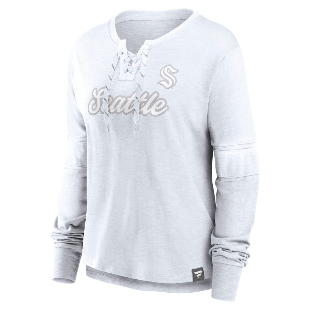 NHL This item will ship within 8 business days. Seattle Kraken Fanatics Women's White Out Lace-Up Fashion Long Sleeve T-Shirt