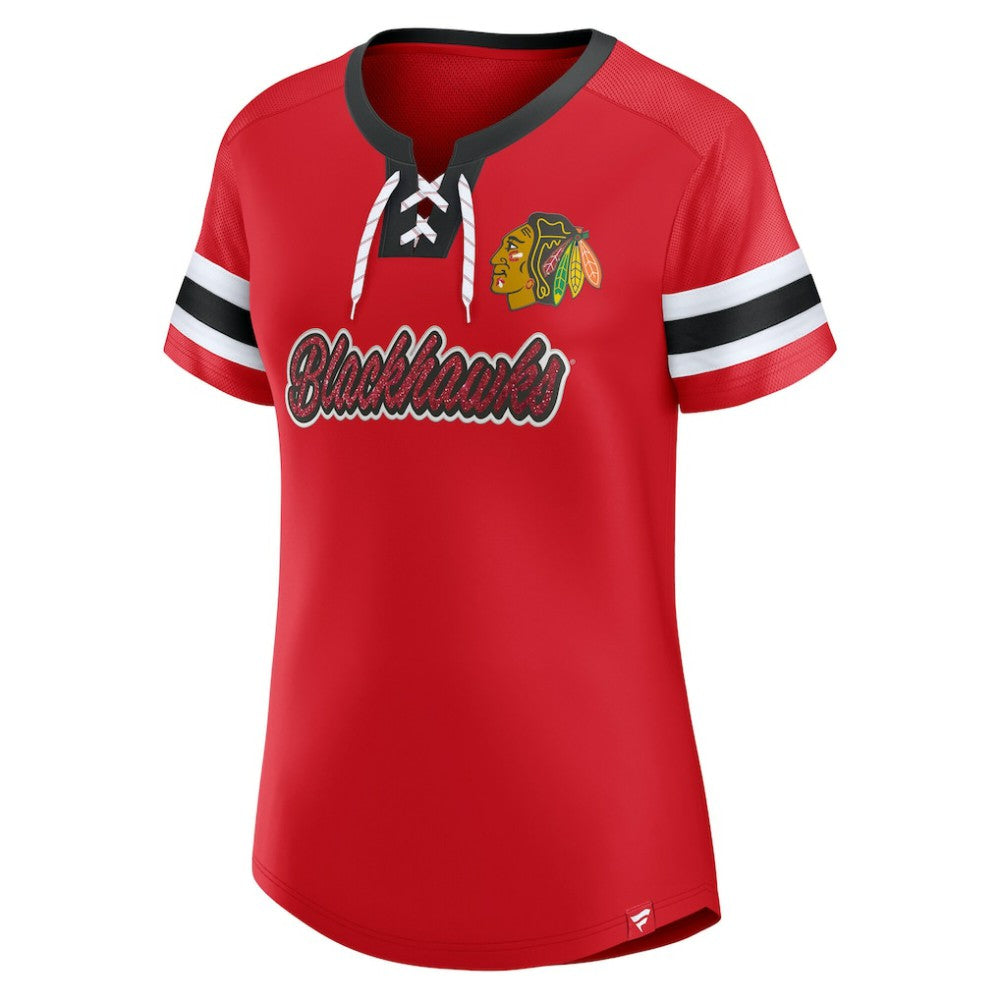 NHL Red Chicago Blackhawks Fanatics Women's Iconic Athena Lace-Up T-Shirt
