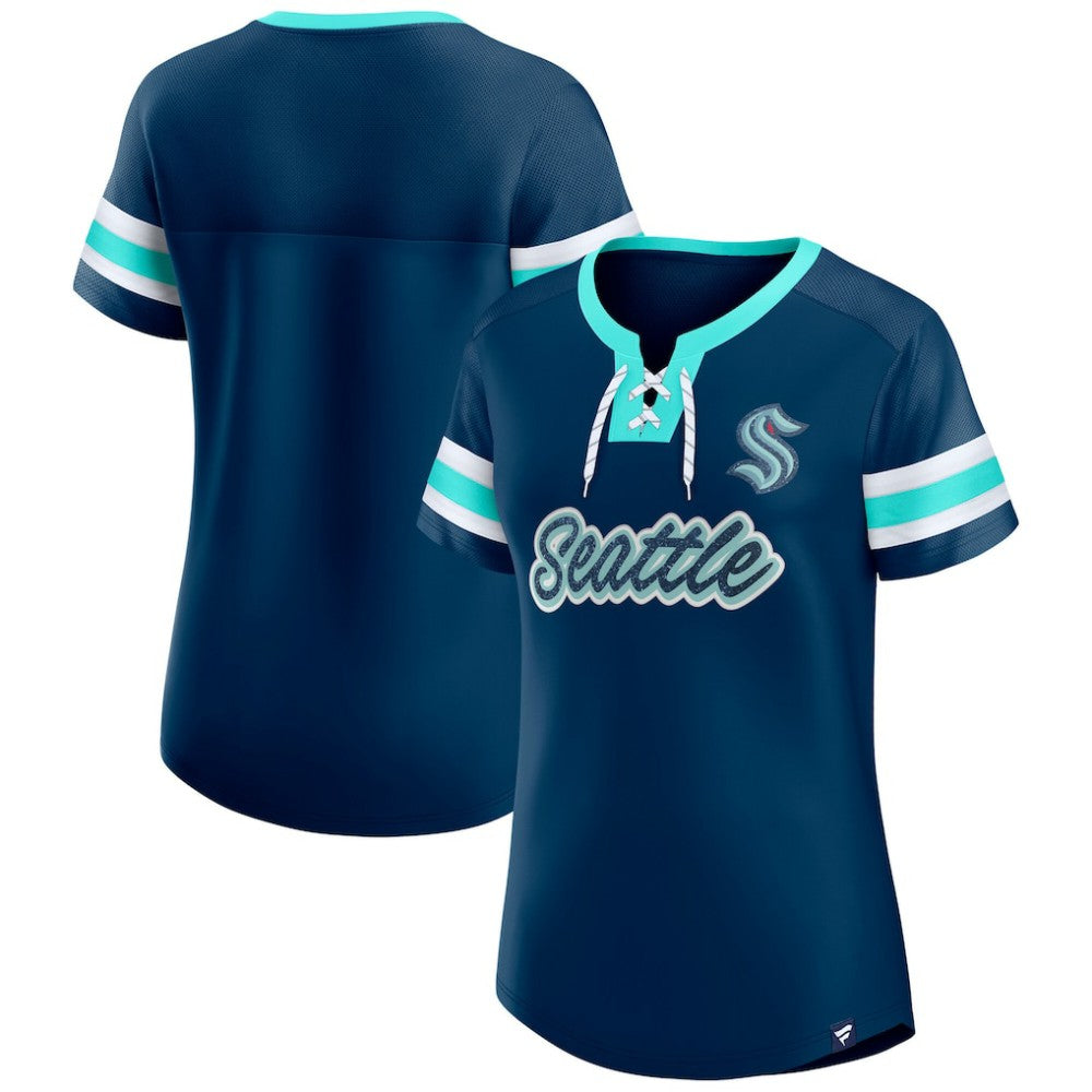 NHL Deep Sea Blue Seattle Kraken Fanatics Women's Iconic Athena Lace-Up T-Shirt