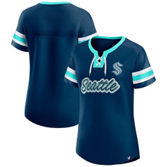 NHL Deep Sea Blue Seattle Kraken Fanatics Women's Iconic Athena Lace-Up T-Shirt