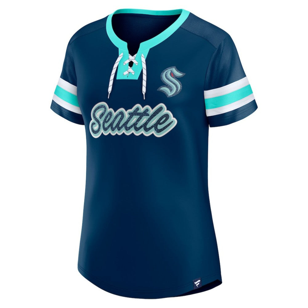 NHL Deep Sea Blue Seattle Kraken Fanatics Women's Iconic Athena Lace-Up T-Shirt