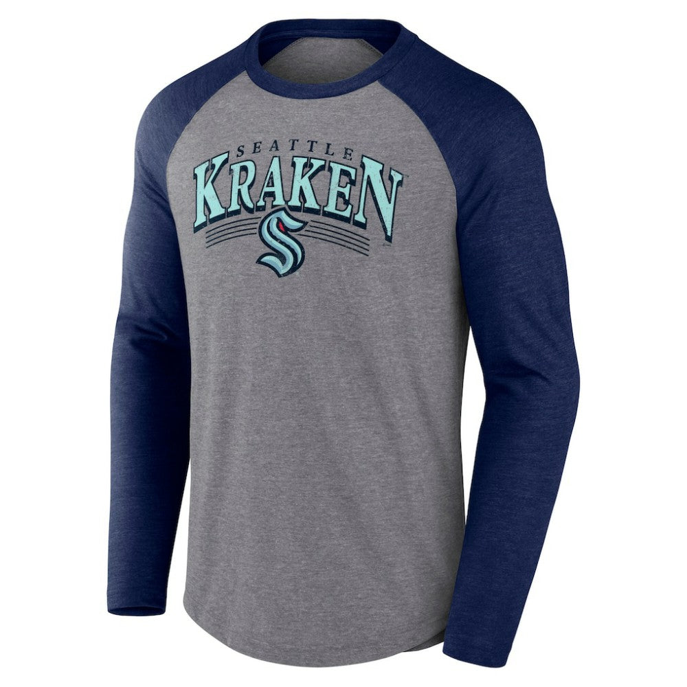 NHL Heather Gray/Heather Deep Sea Blue Seattle Kraken Fanatics Goal Crease Raglan Tri-Blend Long Sleeve T-Shirt
