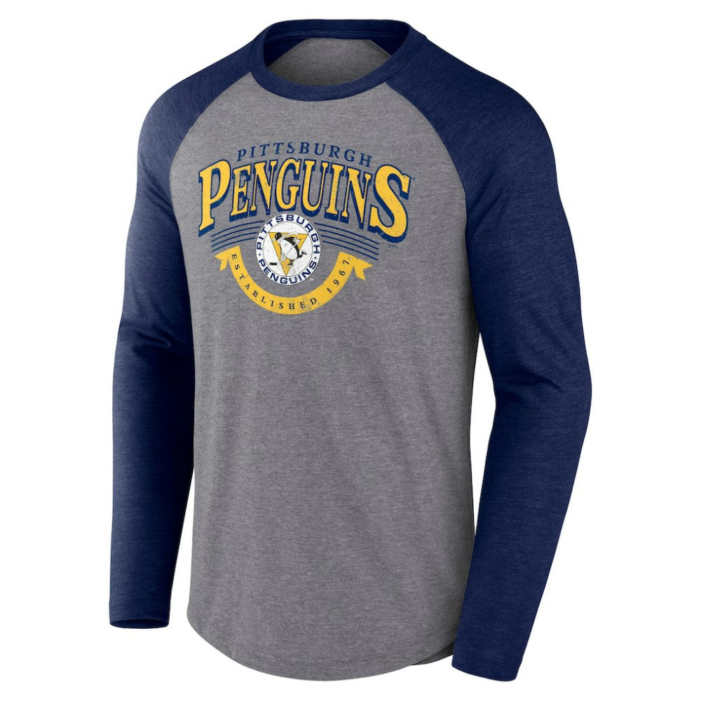 NHL Heather Gray/Heather Navy Pittsburgh Penguins Fanatics Goal Crease Raglan Tri-Blend Long Sleeve T-Shirt