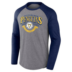 NHL Heather Gray/Heather Navy Pittsburgh Penguins Fanatics Goal Crease Raglan Tri-Blend Long Sleeve T-Shirt