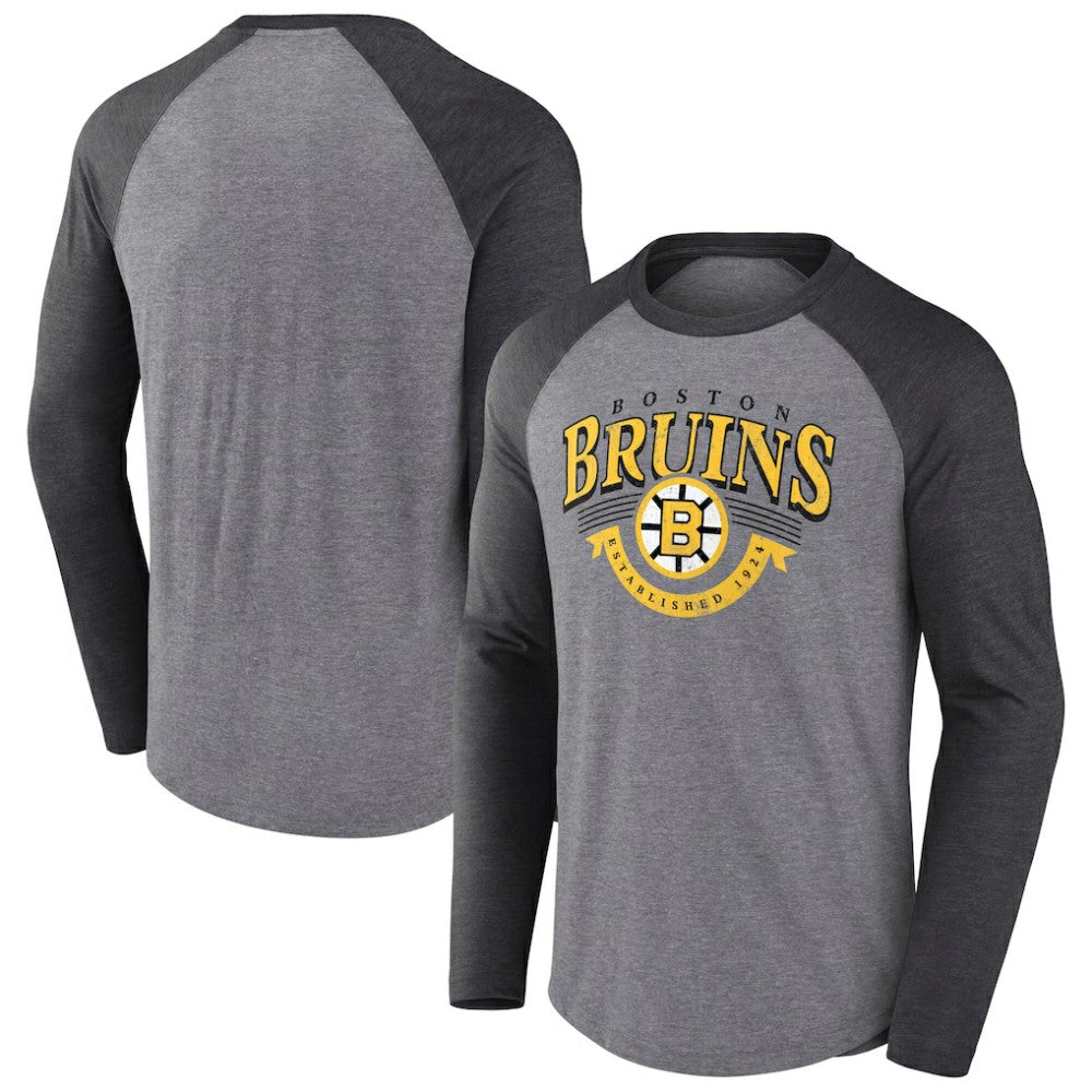 NHL Heather Gray/Heather Charcoal Boston Bruins Fanatics Goal Crease Raglan Tri-Blend Long Sleeve T-Shirt