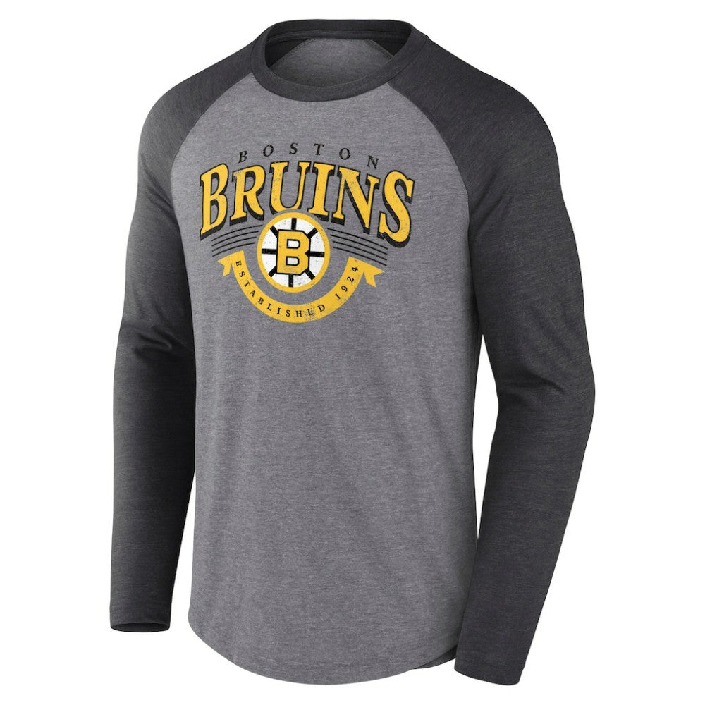 NHL Heather Gray/Heather Charcoal Boston Bruins Fanatics Goal Crease Raglan Tri-Blend Long Sleeve T-Shirt