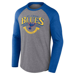 NHL Heather Gray/Heather Blue St. Louis Blues Fanatics Goal Crease Raglan Tri-Blend Long Sleeve T-Shirt