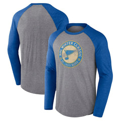 NHL Heather Gray/Heather Blue St. Louis Blues Fanatics 2022 NHL Winter Classic Vintage Distressed Raglan Tri-Blend Long Sleeve T-Shirt
