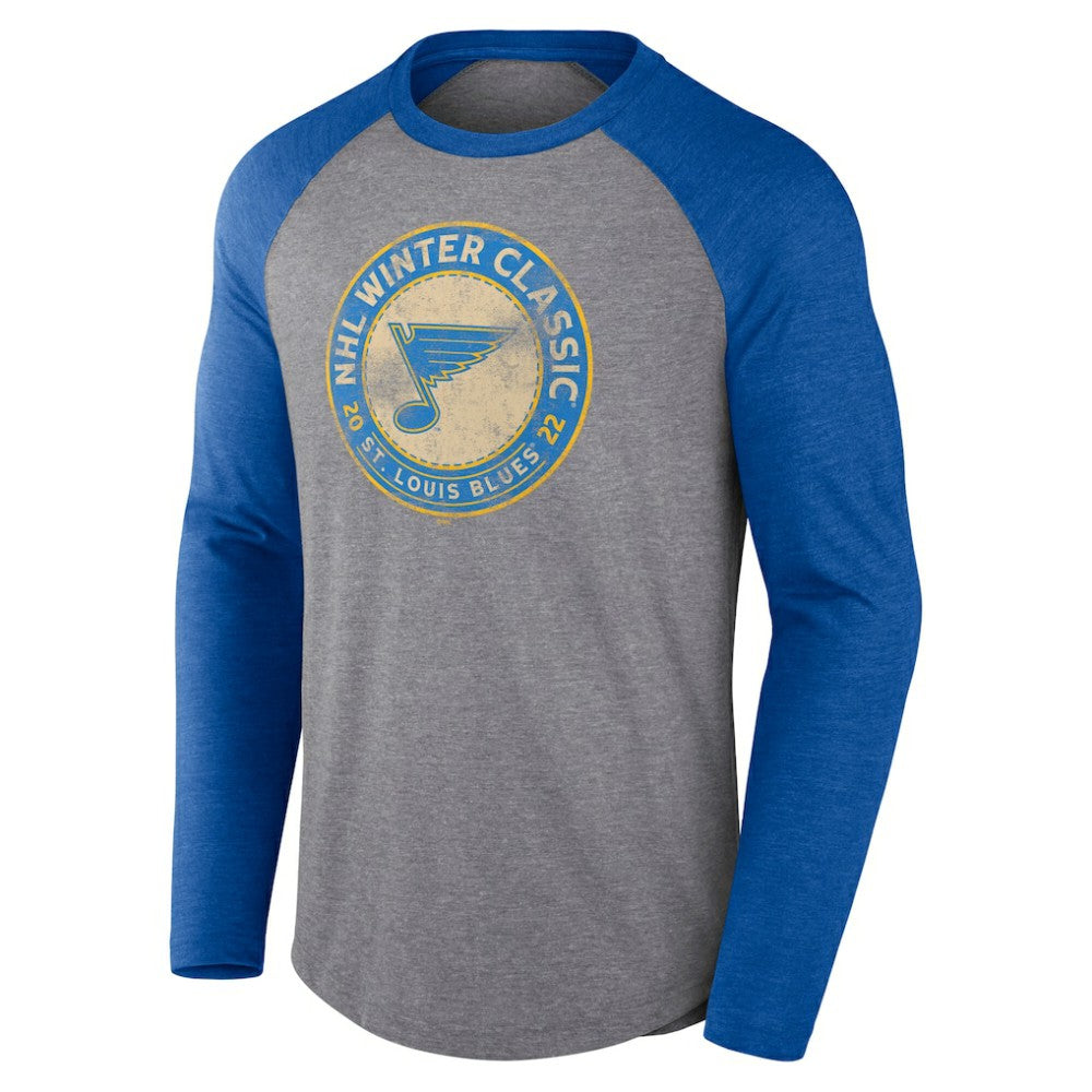 NHL Heather Gray/Heather Blue St. Louis Blues Fanatics 2022 NHL Winter Classic Vintage Distressed Raglan Tri-Blend Long Sleeve T-Shirt