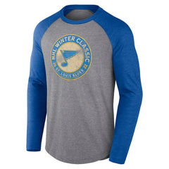NHL Heather Gray/Heather Blue St. Louis Blues Fanatics 2022 NHL Winter Classic Vintage Distressed Raglan Tri-Blend Long Sleeve T-Shirt