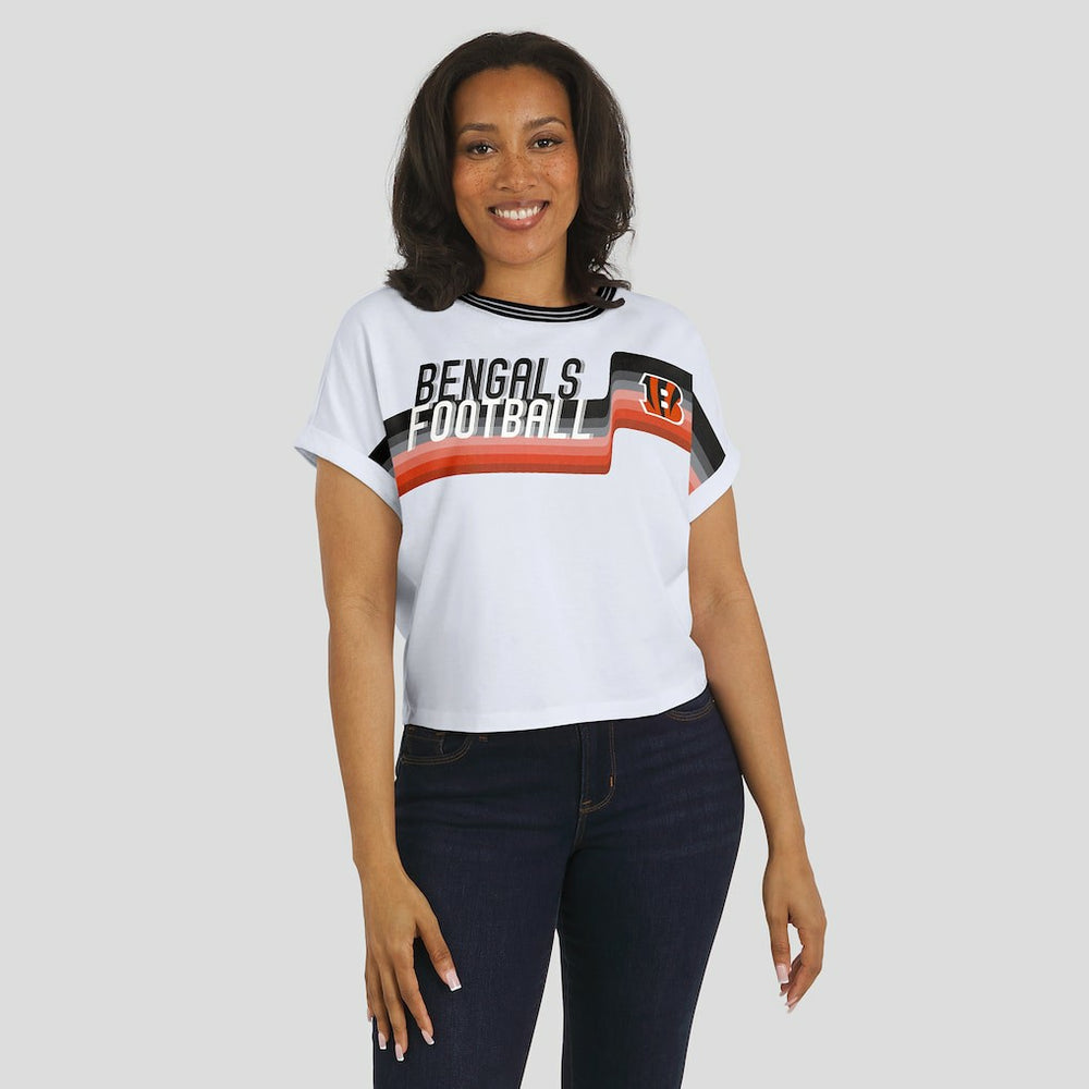 WEAR by Erin Andrews Women's Cropped Center Stripe Dolman T-Shirt - Cincinnati Bengals