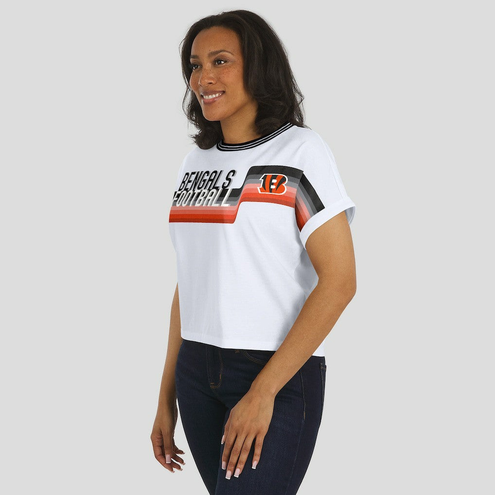WEAR by Erin Andrews Women's Cropped Center Stripe Dolman T-Shirt - Cincinnati Bengals