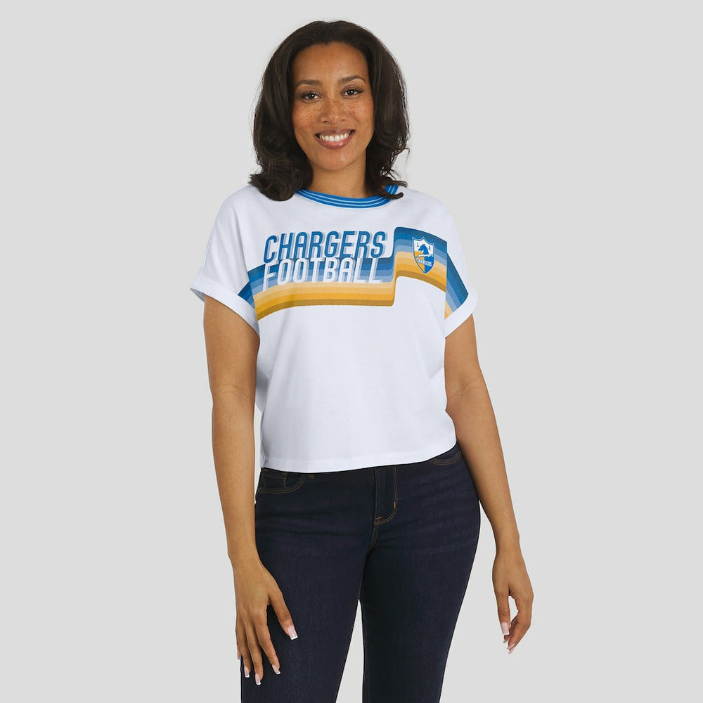 WEAR by Erin Andrews Women's Cropped Center Stripe Dolman T-Shirt - Los Angeles Chargers
