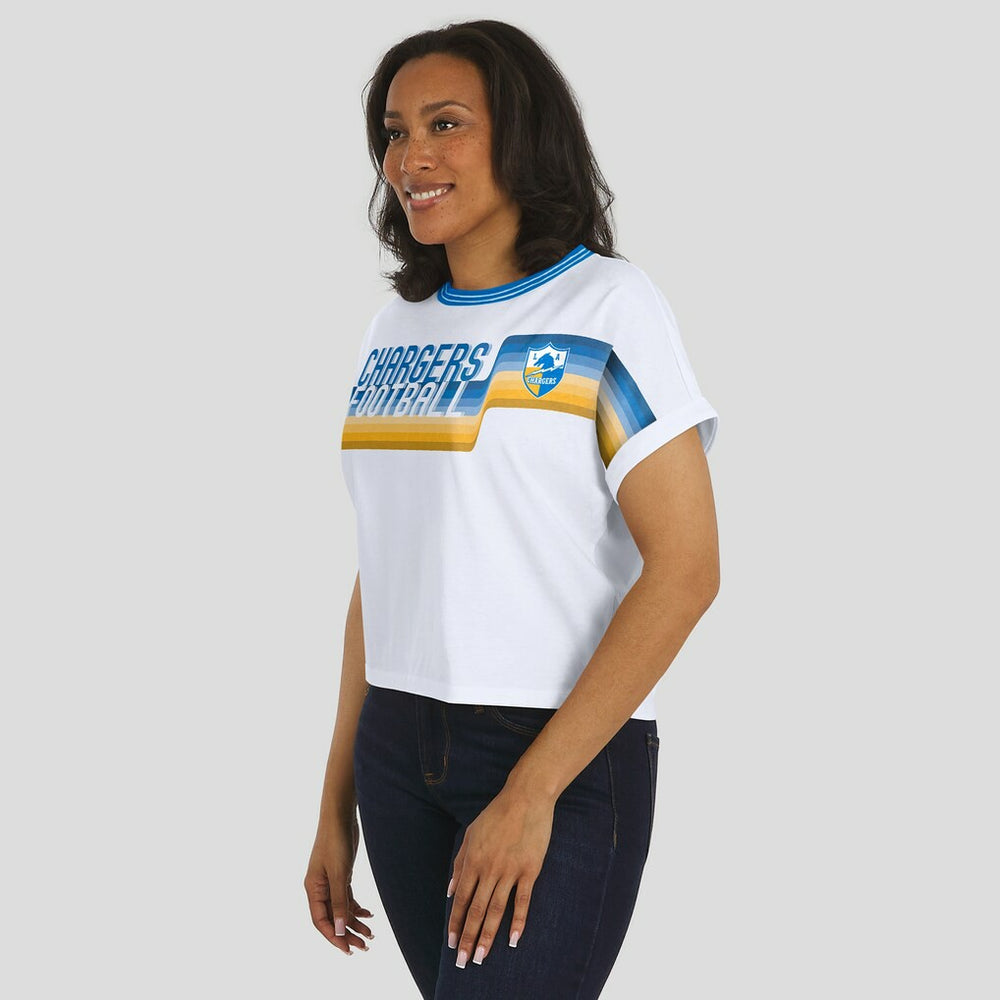 WEAR by Erin Andrews Women's Cropped Center Stripe Dolman T-Shirt - Los Angeles Chargers