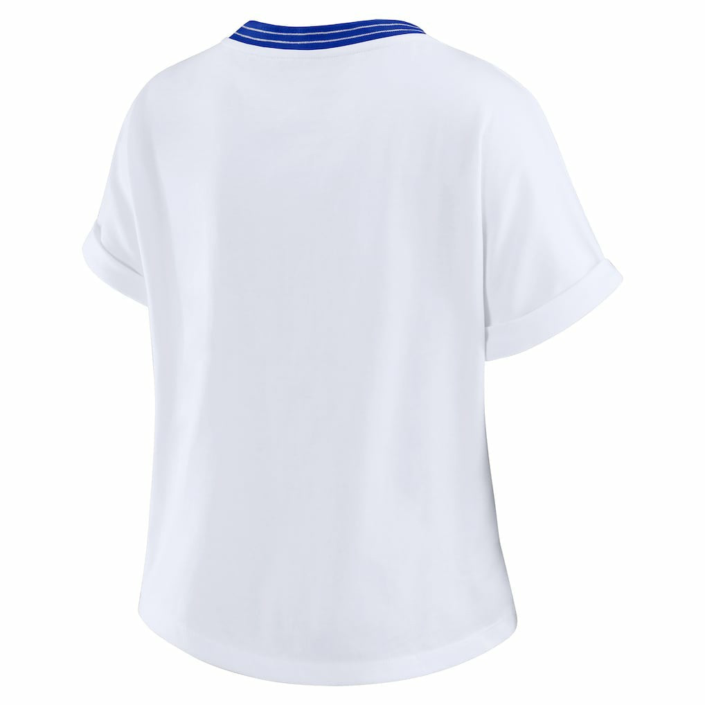 WEAR by Erin Andrews Women's Cropped Center Stripe Dolman T-Shirt - Los Angeles Rams