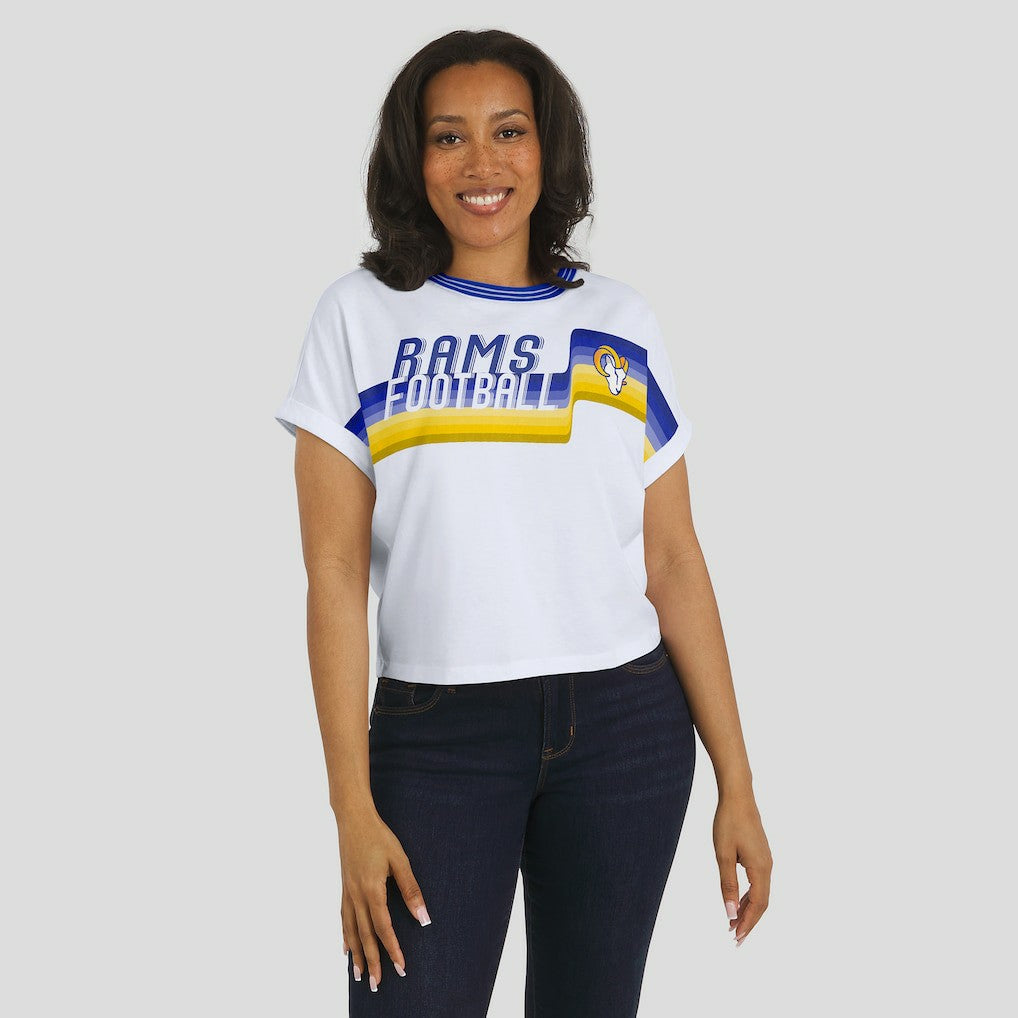WEAR by Erin Andrews Women's Cropped Center Stripe Dolman T-Shirt - Los Angeles Rams