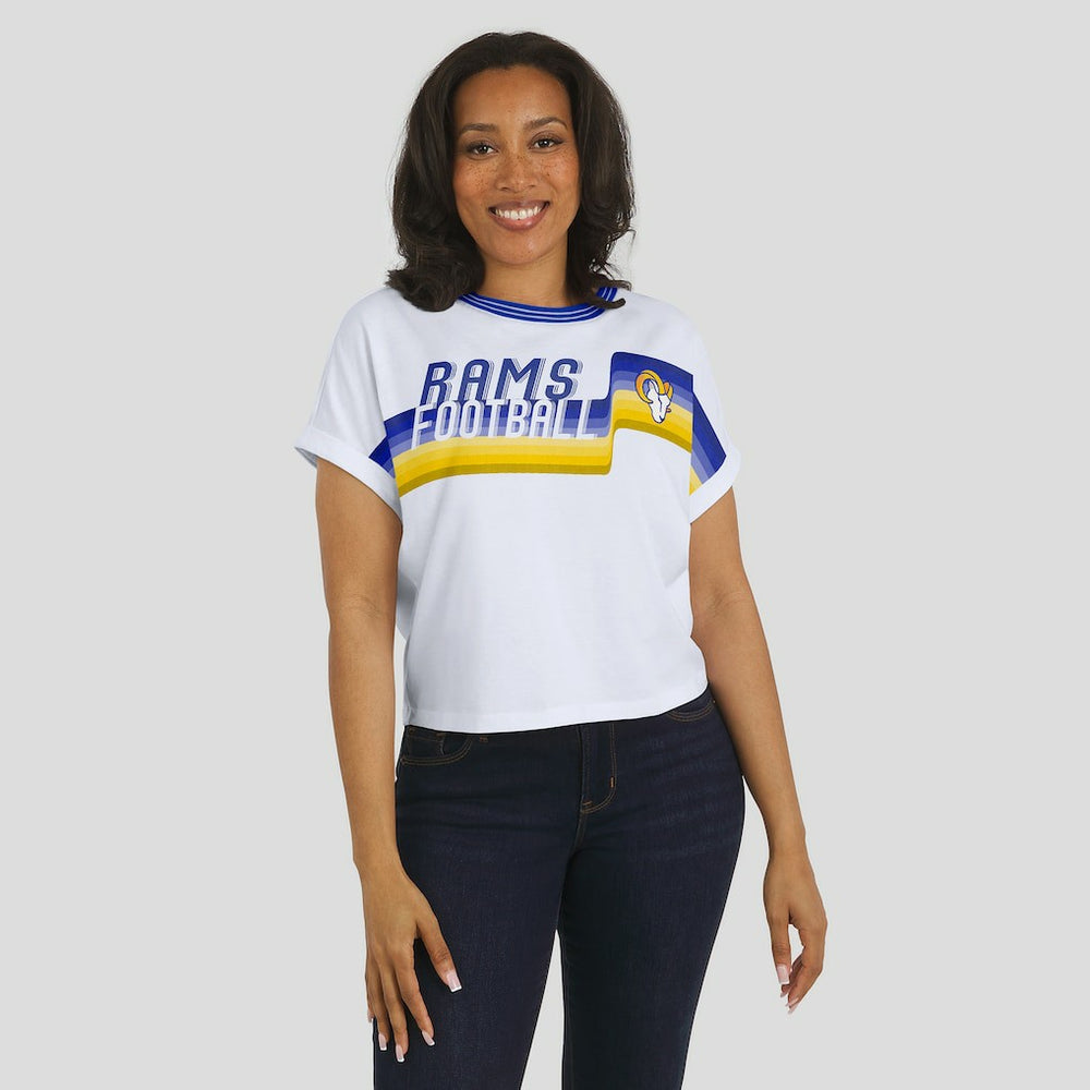 WEAR by Erin Andrews Women's Cropped Center Stripe Dolman T-Shirt - Los Angeles Rams