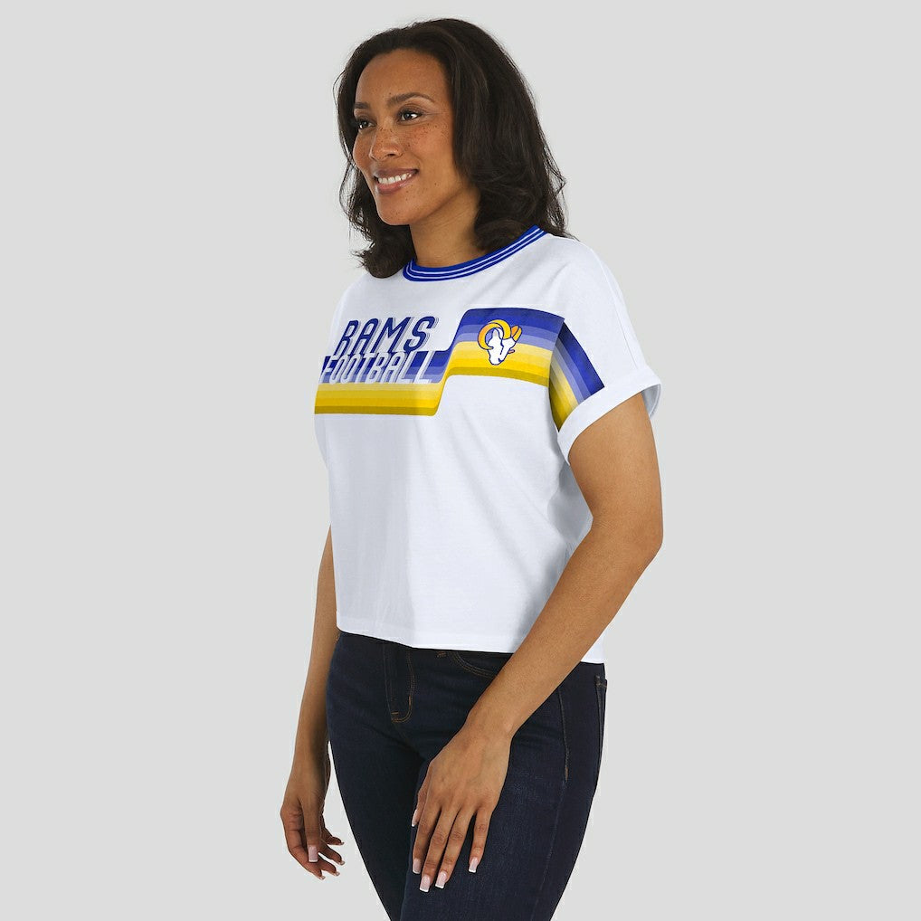 WEAR by Erin Andrews Women's Cropped Center Stripe Dolman T-Shirt - Los Angeles Rams