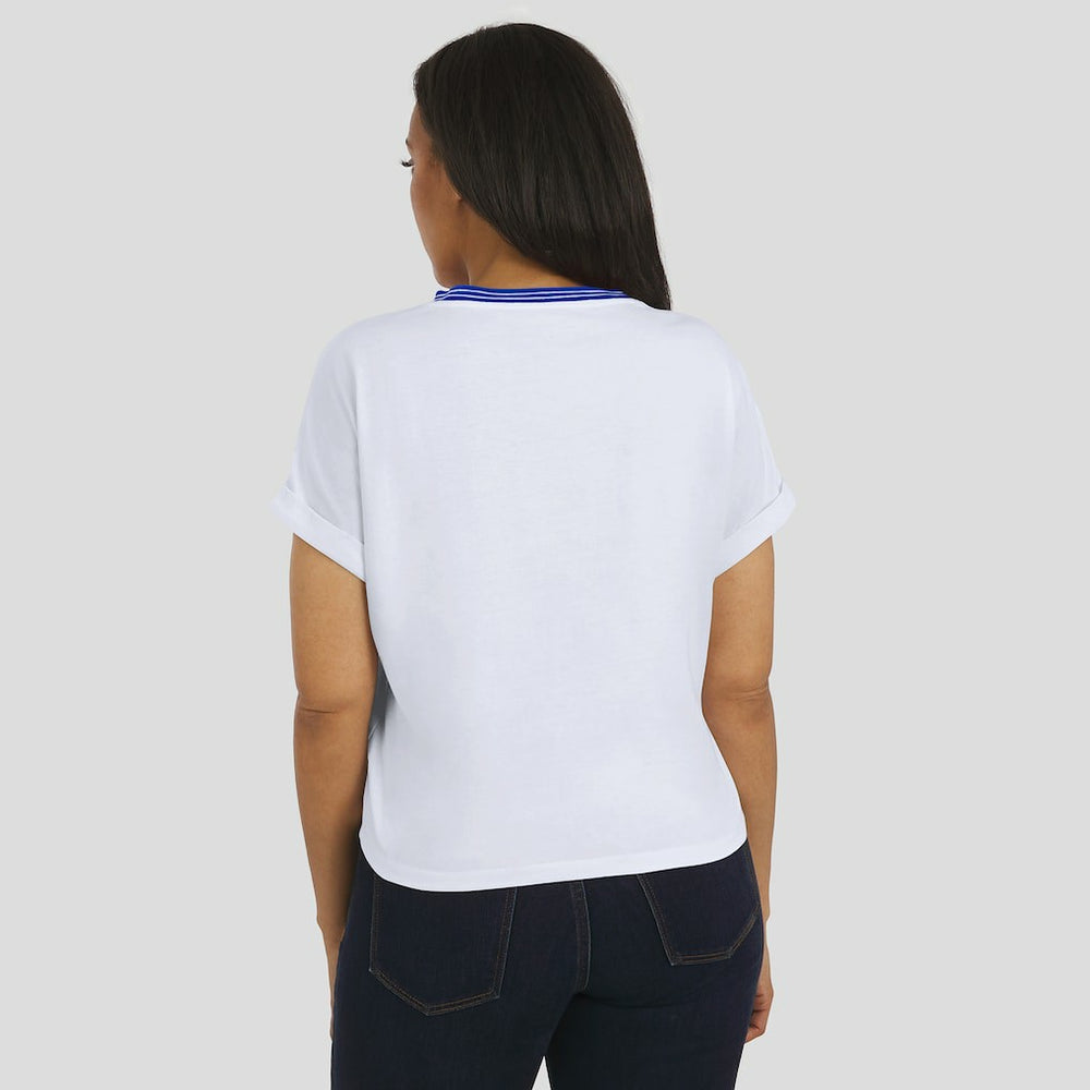 WEAR by Erin Andrews Women's Cropped Center Stripe Dolman T-Shirt - Los Angeles Rams