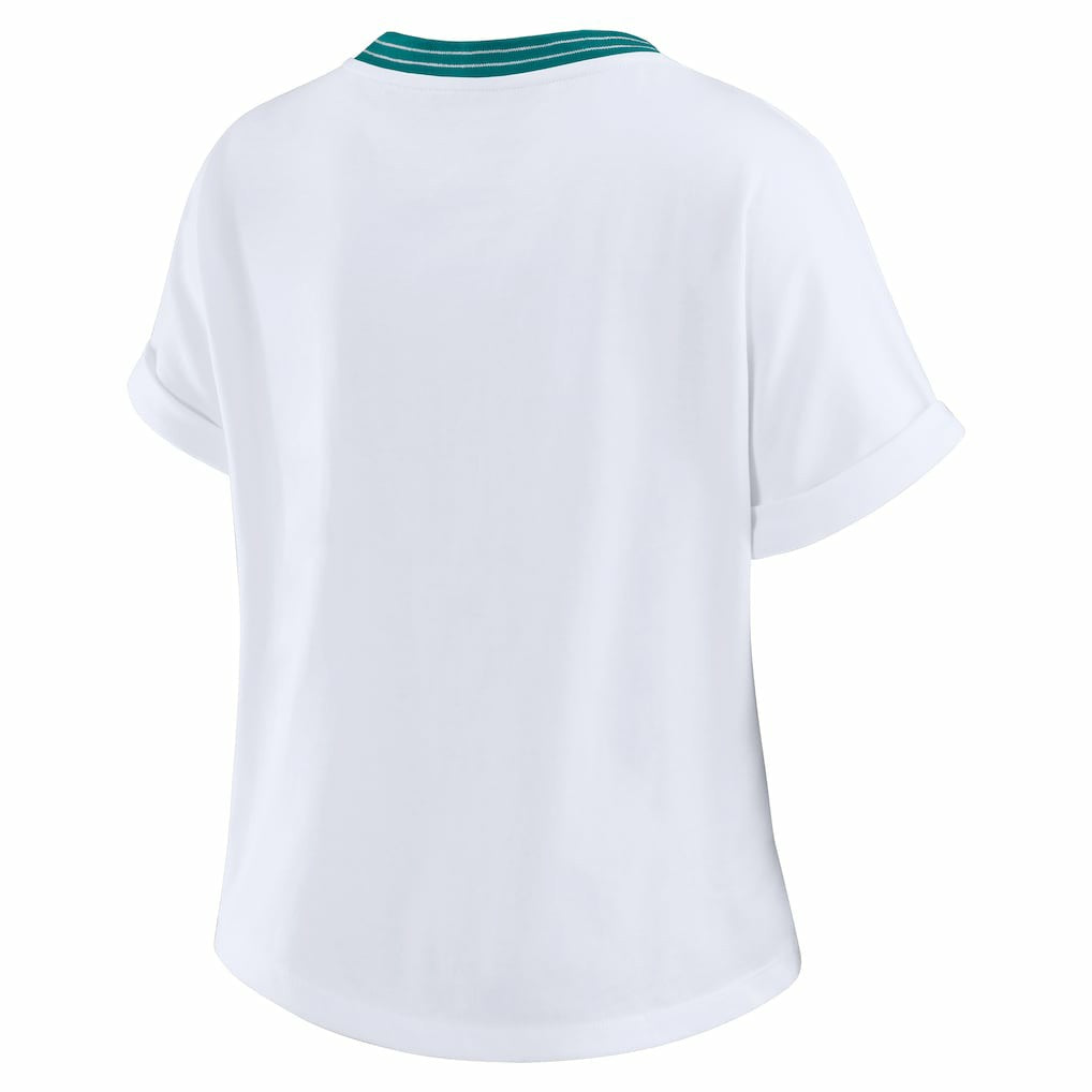 WEAR by Erin Andrews Women's Cropped Center Stripe Dolman T-Shirt - Miami Dolphins