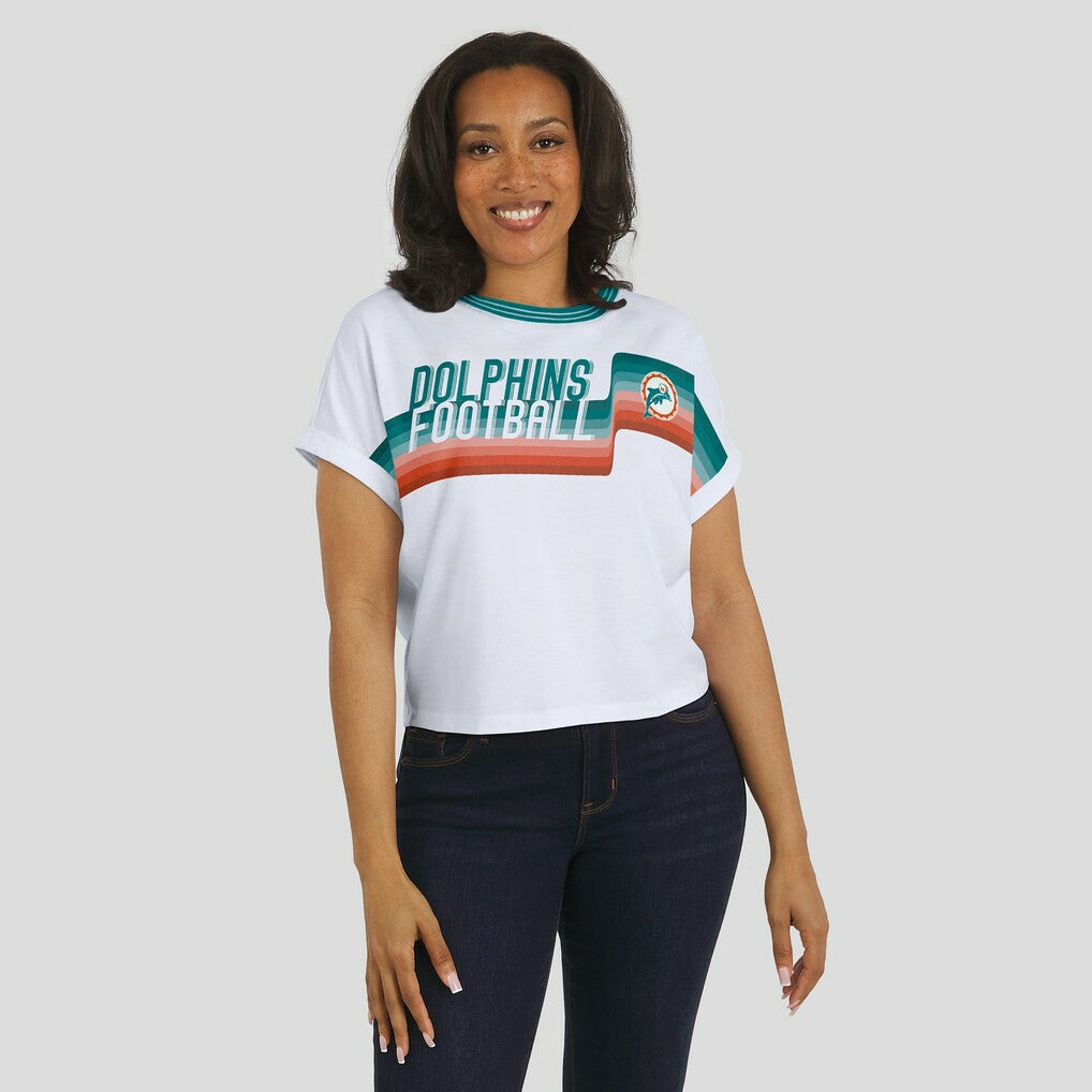 WEAR by Erin Andrews Women's Cropped Center Stripe Dolman T-Shirt - Miami Dolphins