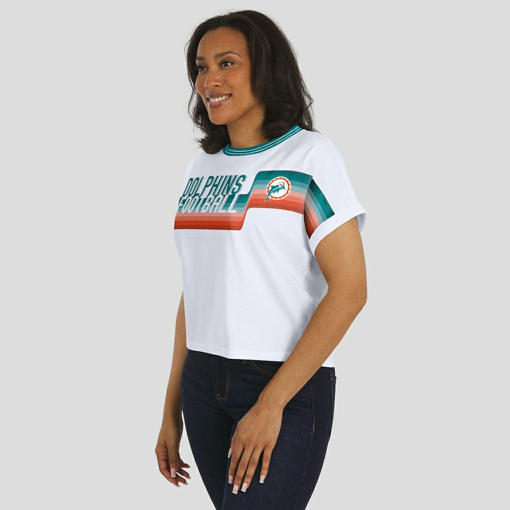 WEAR by Erin Andrews Women's Cropped Center Stripe Dolman T-Shirt - Miami Dolphins