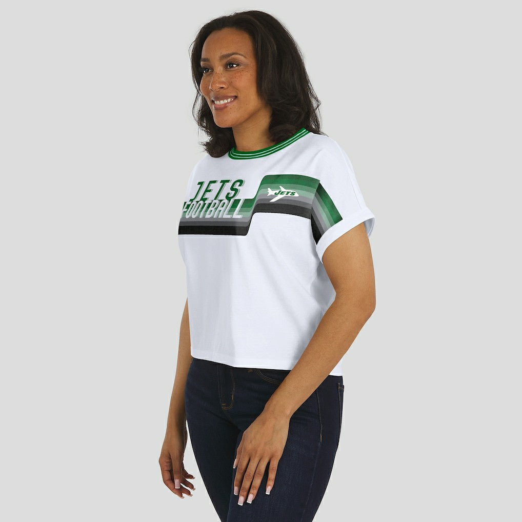 WEAR by Erin Andrews Women's Cropped Center Stripe Dolman T-Shirt - New York Jets
