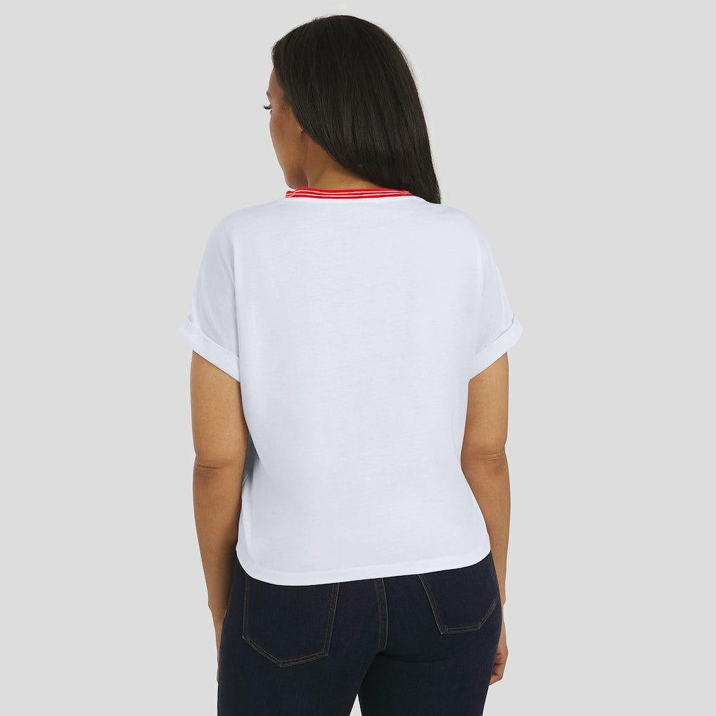 WEAR by Erin Andrews Women's Cropped Center Stripe Dolman T-Shirt - San Francisco 49ers