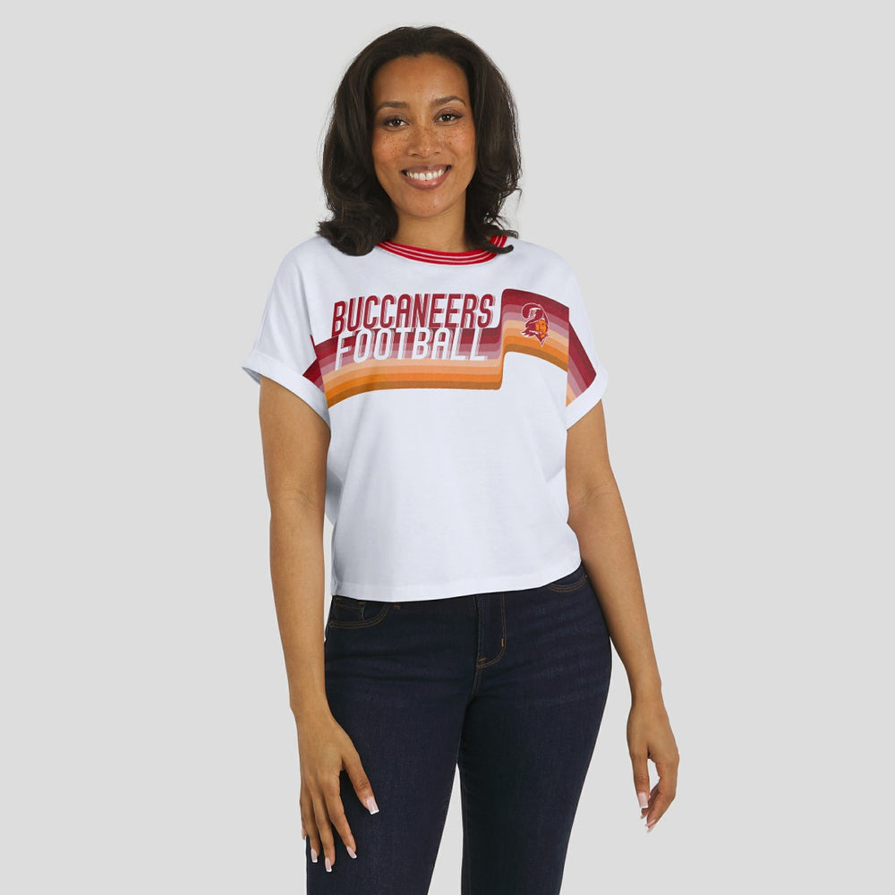 WEAR by Erin Andrews Women's Cropped Center Stripe Dolman T-Shirt - Tampa Bay Buccaneers