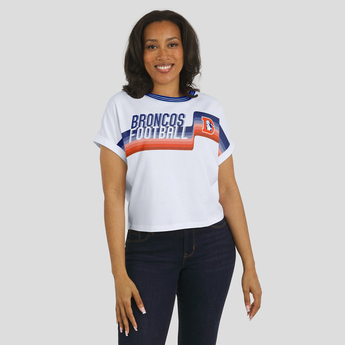 WEAR by Erin Andrews Women's Cropped Center Stripe Dolman T-Shirt - Denver Broncos